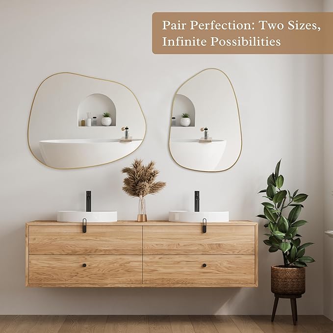 PERFNIQUE Irregular Wall Mirror Asymmetrical Mirror, 32''x24'' Gold Mirror for Bathroom Bedroom Living Room Entryway, Decorative Modern Boho Decor, Wall Mouted(Gold, 32''x24'')