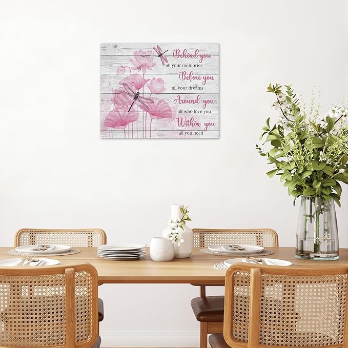LB Pink Floral Inspirational Wall Art Vintage Farmhouse Flower with Dragonfly on Wood Canvas Wall Art Modern Aesthetic Wall Decor for Bedroom Bathroom Living Room Framed Ready to Hang 8L x 10W