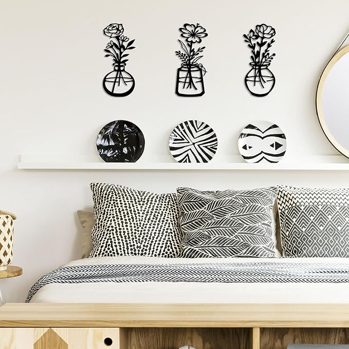 ARTINME 3 Pieces Metal Flowers Wall Arts - Rustic Farmhouse Decor Minimalist Flower Wall Decors for Living Room Bathroom Kitchen Bedroom Dining Room - Housewarming Gifts (Black)