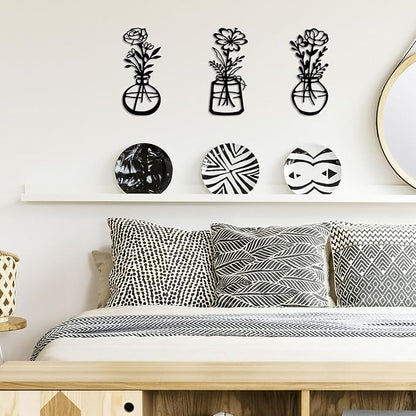ARTINME 3 Pieces Metal Flowers Wall Arts - Rustic Farmhouse Decor Minimalist Flower Wall Decors for Living Room Bathroom Kitchen Bedroom Dining Room - Housewarming Gifts (Black)