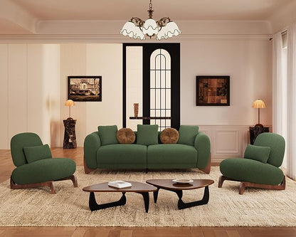 Morden Fort 3 Piece Cloud Couch Set, Modern Sherpa Boucle Sofa Set with Wood Legs, Skin-Friendly Minimalist Upholstered Comfy Couch Sofas for Living Room, 3-Seater Sofa & 2 Chairs, Forest Green