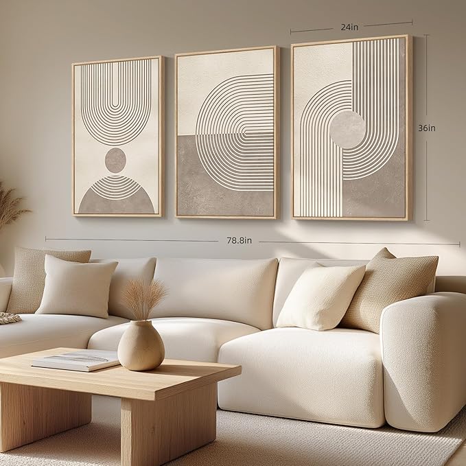 Large Framed Neutral Modern Wall Art for Living Room, 3 Piece Minimalist Boho Abstract Canvas Artwork for Walls, Mid Century Geometric Paintings Prints for Hallway Dining Room Wall Decor, 24x36 Inch