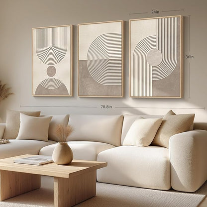 Large Framed Neutral Modern Wall Art for Living Room, 3 Piece Minimalist Boho Abstract Canvas Artwork for Walls, Mid Century Geometric Paintings Prints for Hallway Dining Room Wall Decor, 24x36 Inch
