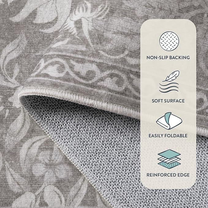 Lahome Bird Washable Area Rugs 5x7, Soft 5x7 Rug for Living Room Bedroom, Non Slip Low Pile Stain Resistance Botanical Vintage Carpet for Dining Room Office, Hemp/Taupe