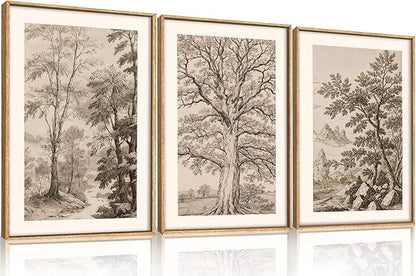 Large Vintage Tree Sketch Framed Canvas Wall Art,Brown and Beige Botanical Wall Decor,Natural Forest Artwork,Textured Landscape Art Print for Living Room,Bedroom,Office- 16"x24"x3