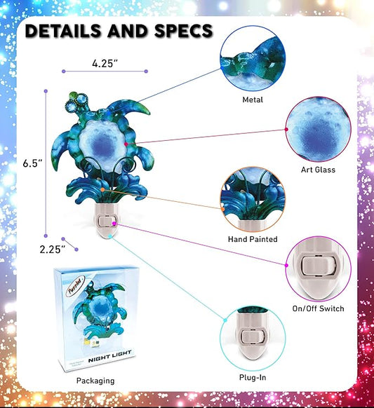 COTA Global Sea Turtle Night Light - Home Décor Wall Plug in Night Light with Switch, Unique Decorative Hand Made Metal & Glass Nightlight for Bathroom, Nursery, Hallway, Kitchen, Bedroom - 6.5 Inch