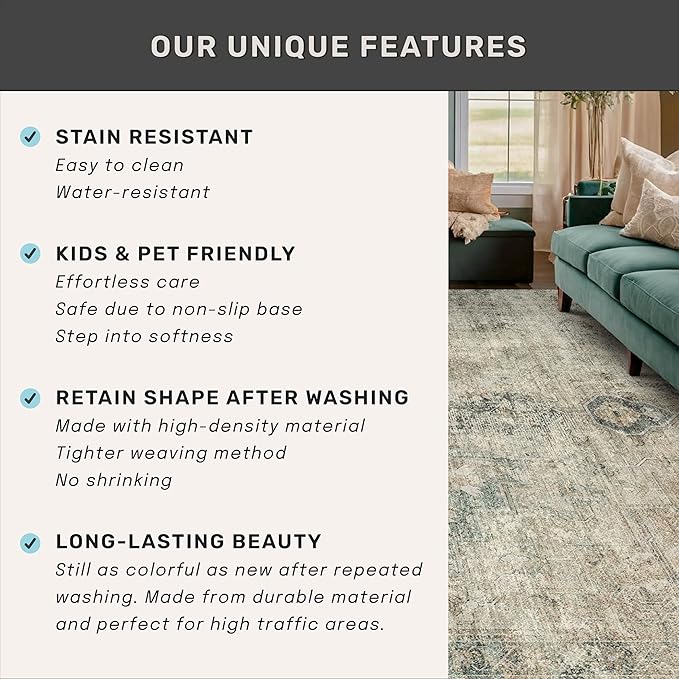 Washable 7x10 Moss Area Rug for Living Room Table – Neutral Green Farmhouse Rug for Dining Room, Vintage Bedroom Under Bed, Non-Slip Stain & Fade Resistant, Vintage Distressed Farmhouse Décor