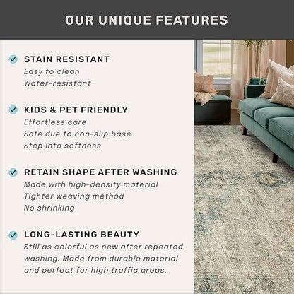 Moss Green Farmhouse 3x5 Large Entryway Rugs Indoor - Non Slip Washable Area Rug for Kitchen, Laundry Room, Low Pile Soft Carpet for Bedroom, Stain Resistant Vintage Indoor Decor