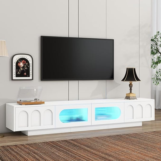 Merax TV Stand for Televisions Up to 95'', Functional Media Console with APP-Controlled Smart LED Light, Arched Cabinet Doors and Fluted Glass Doors, Entertainment Center, for Living Room, White