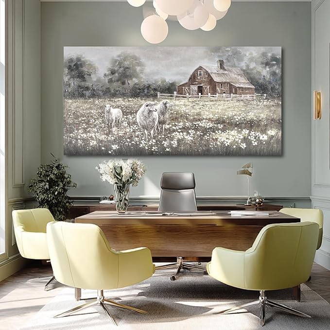 ZENPEE Sheep & Wildflower Farmhouse Wall Decor, Vintage Country Animal Landscape Canvas Print for Living Room, Bedroom & Dining, 29 x 58 Inches, Ready to Hang