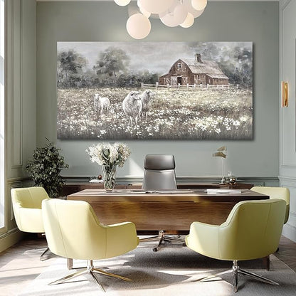 ZENPEE Sheep & Wildflower Farmhouse Wall Decor, Vintage Country Animal Landscape Canvas Print for Living Room, Bedroom & Dining, 29 x 58 Inches, Ready to Hang