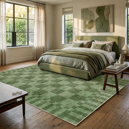 GarveeHome 8×10 Area Rugs for Living Room,Moss Green Checkered Rug，Modern Non-Slip Washable Farmhouse Geometric Checkerboard Rugs for Bedroom Dining Room Office