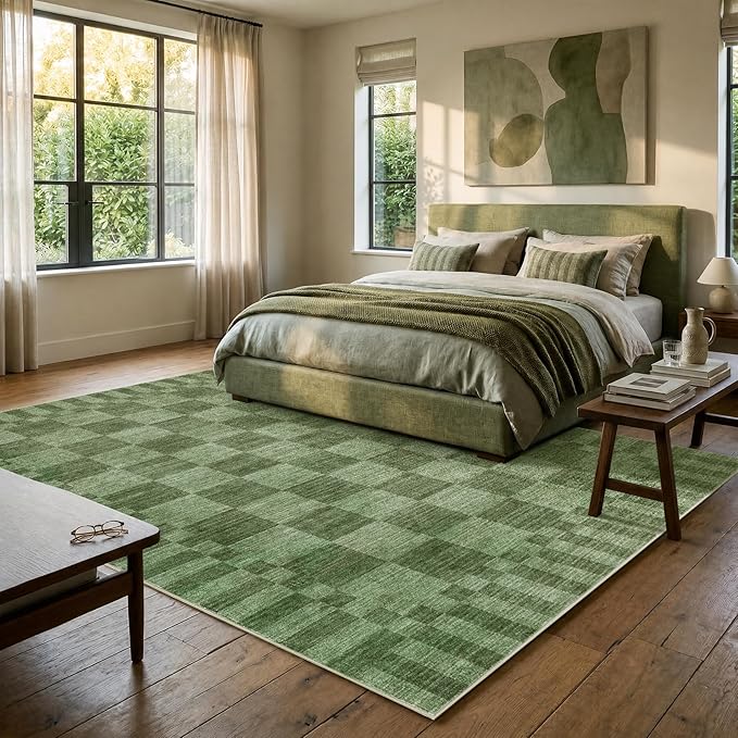 GarveeHome Moss Green Checkered Rug 5×7 Area Rugs for Living Room，Non-Slip Washable Rug Soft Low-Pile, Neutral Modern Farmhouse Geometric Rugs for Bedroom Dining Room Office
