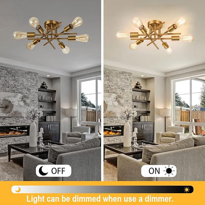 Sputnik Chandeliers, Modern Semi Flush Mount Ceiling Light with E26 Base, Mid Century Industrial Kitchen Farmhouse Light Fixtures for Bedroom Living Room (Brass, Ceiling 6 Lights)