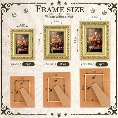 Novabright 8 Pcs Gold Vintage Picture Frames Gallery Wall Frame Set Antique Collage Photo Decor for Wall Mounting or Tabletop Display Multi Sizes for Gallery Living Room(8x10, 5x7, 4x6)