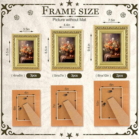 Novabright 8 Pcs Gold Vintage Picture Frames Gallery Wall Frame Set Antique Collage Photo Decor for Wall Mounting or Tabletop Display Multi Sizes for Gallery Living Room(8x10, 5x7, 4x6)