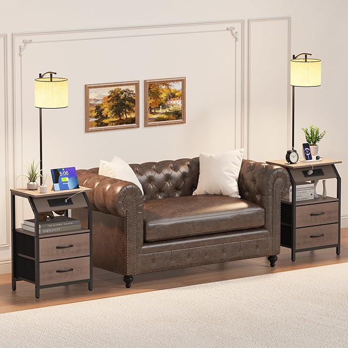 End Table with Floor Lamp, Nightstand with Charging Station, Floor Lamp Table with 3-Color Temperature Bulb, Bedside Table Night Stand with 2 Drawers for Bedroom, Living Room, Greige
