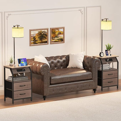 End Table with Floor Lamp, Nightstand with Charging Station, Floor Lamp Table with 3-Color Temperature Bulb, Bedside Table Night Stand with 2 Drawers for Bedroom, Living Room, Greige