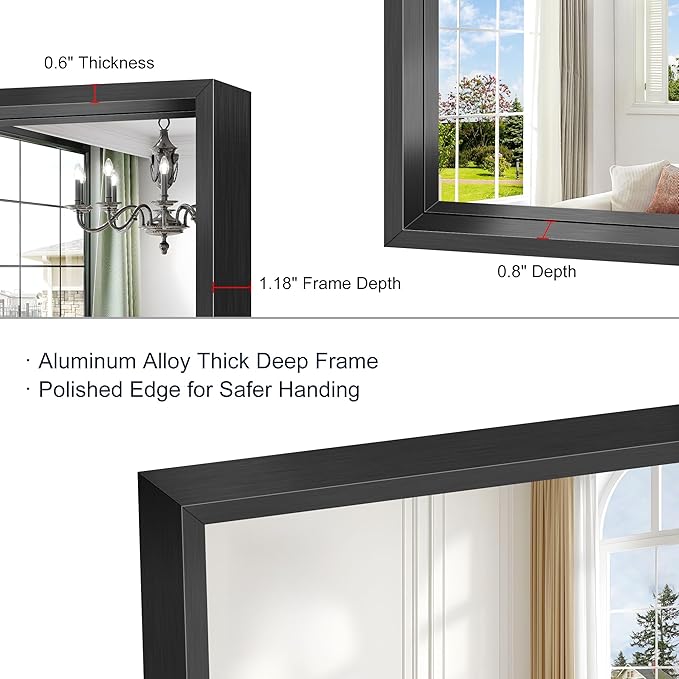 Black Framed Mirror 24"x42", Brushed Black Bathroom Mirrors for Over Sink, 0.6" Thickened Deep Frame Rectangle Mirrors for Wall, Shatterproof Tempered Glass, Antirust, Horizontally/Vertically
