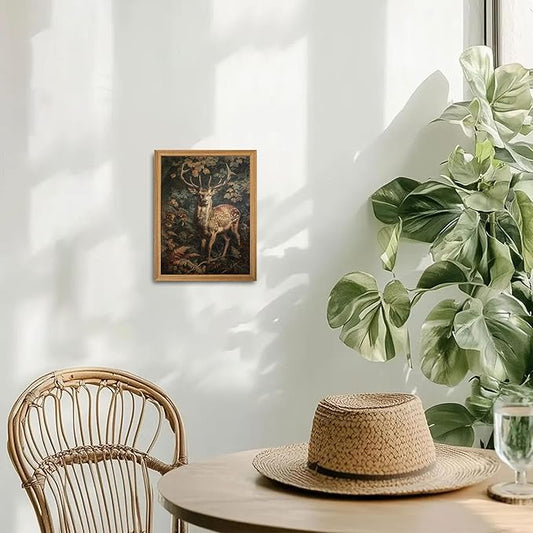 Framed 3D Textured Vintage Wall Art - Dark Academia Decor Sika Deer Hand Drawn Sandstone Paintings with Botanical Florals, Aesthetic Wall Decor for Living Room Bedroom Home 8x10 inch