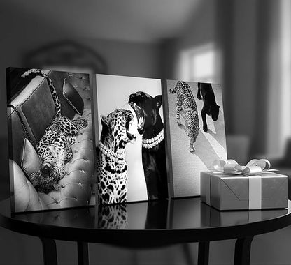 3 Pcs Black and White Cheetah Canvas Wall Art Vintage Trendy Wild Leopard Painting Picture Wall Decor Poster Print Artwork for Bedroom Living Room Apartment Home Decoration(16Lx12W-Canvas)