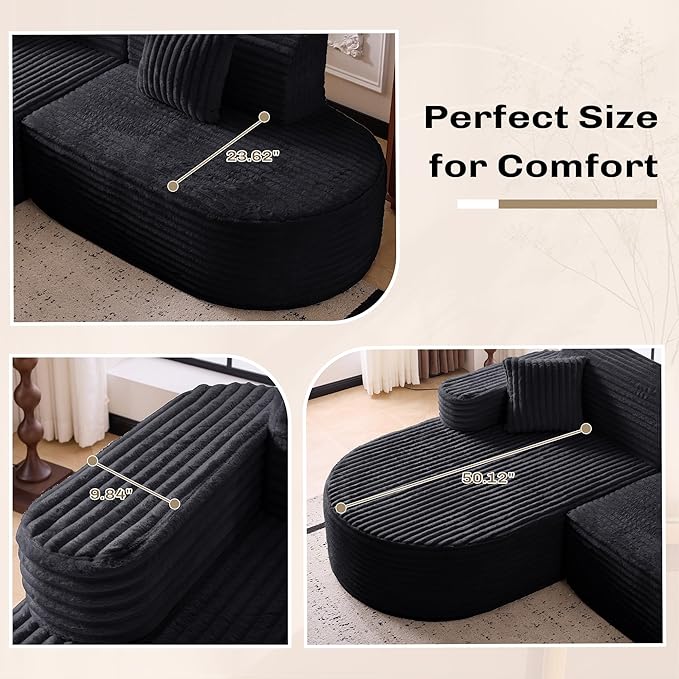 Modern Curved Boneless Sofa Couch, L-Shaped Corner Sofa, Corduroy Upholstered Cloud Sectional Couch for Living Room, Bedroom and Apartment,No Assembly Needed(Black, Left Hand Facing)