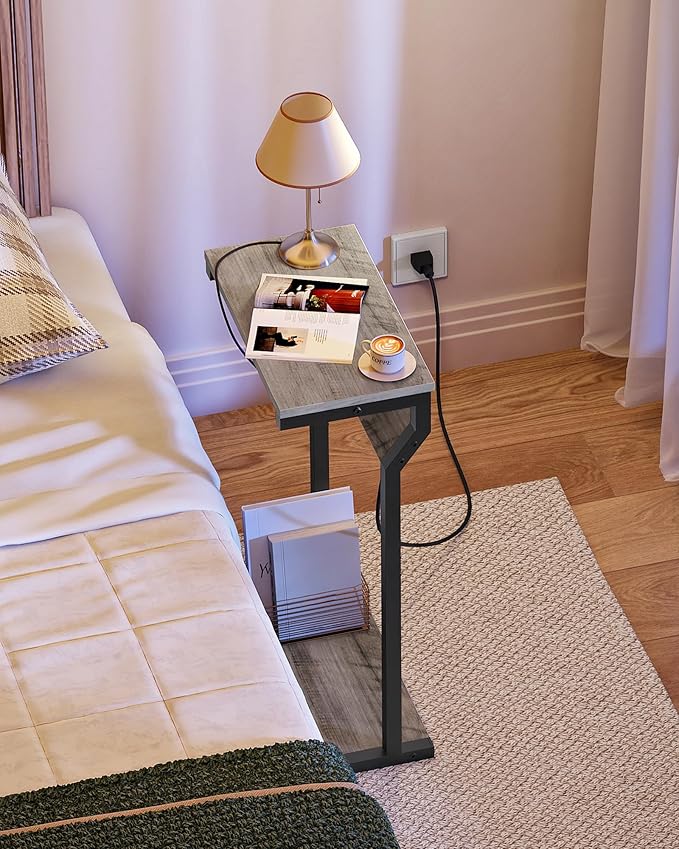 CHOEZON Narrow Side Table with Charging Station, 27" Skinny End Table for Small Spaces, Couch Table with Storage, Slim Tray Table with USB Ports, for Living Room, Bedroom, Greige and Black TBZ27UBG