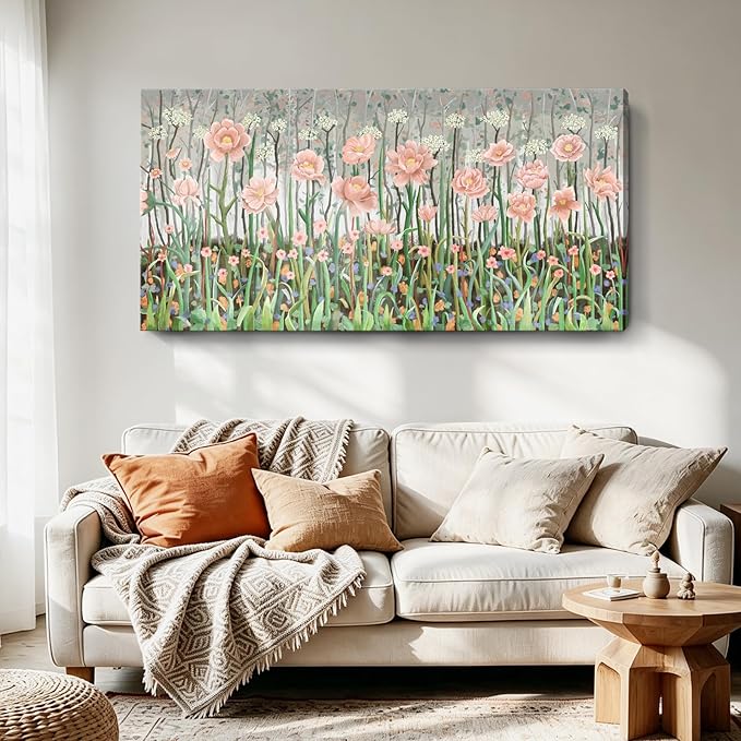 Large Pink Green And White Plant Wall Art For The Living Room， Natural Landscape Wildflower Canvas Print Picture， Modern Country Style Artwork For Living Rooms, Bedrooms, Kitchens, Dining Rooms, And Hallways. 48X24 Inches.