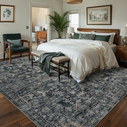 Rugxara 8x10 Area Rugs for Living Room Bedroom, Large Washable Rug, Blue Vintage Retro Boho Rug, Non Slip & Low Pile Faux Wool Thin Carpet for Indoor Dining Room and Kids Room(Blue 8x10ft)