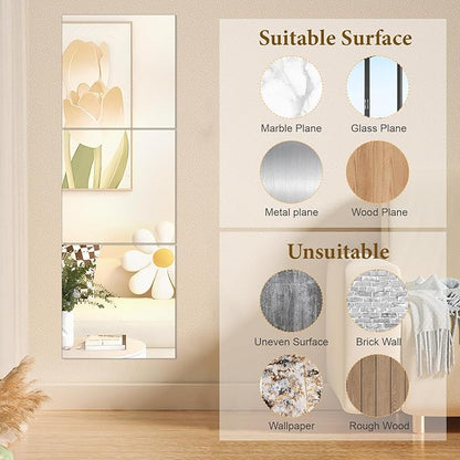 18x18 in Acrylic Mirror Sheet for Wall, 2.5mm Thick Unbreakable Non Glass Body Mirror Tile Self Adhesive Mirror Stickers Rectangular Wall Mirror for Bathroom Bedroom Home Gym Door Decor