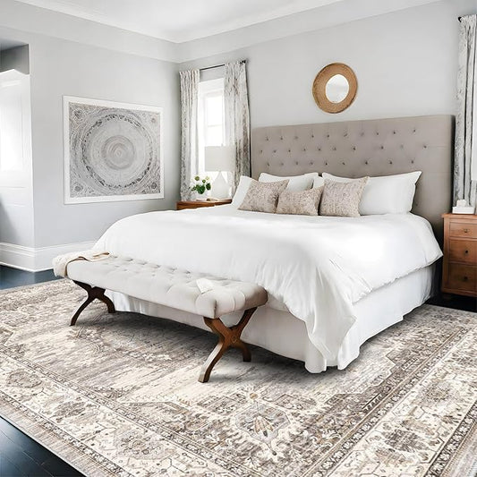 Area Rugs 9x12 Living Room：Machine Washable Rug - Soft Carpet for Bedroom - Waterproof Stain Resistant Vintage Distressed Area Rug 9'x12' Beige