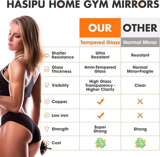 Hasipu Home Gym Mirror 55" L x 21" W - 2PCS Large Full Body Mirror for Yoga, Fitness, Garage, Dance Studio, Wall-Mounted, 0.16in Tempered Glass Frameless