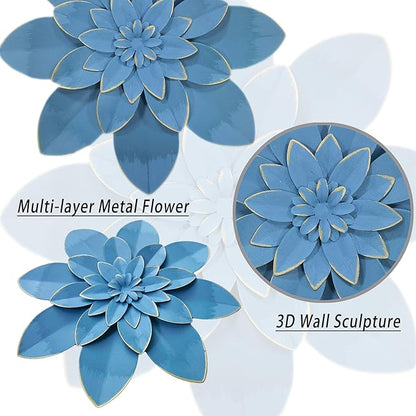 Ocean Blue Metal Flower Wall Art Decor, 9.5" Rustic Modern Floral Sculpture, Distressed Hanging Home Decoration Accent Artworks for Indoor Bedroom Living Room Office Outdoor Garden Patio