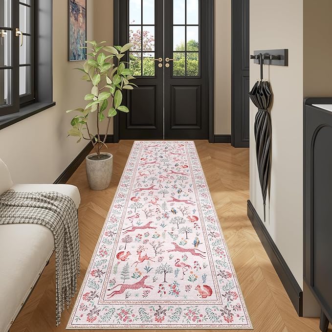 DUKINO 2x6 Rug for Hallway, Washable Kitchen Runner Rug with Non Slip Backing, Soft Low Pile Vintage Animal Runner for Bedroom, Kitchen, Hallway, Entryway, Laundry, Pink