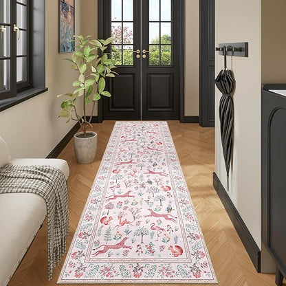 DUKINO 2x6 Rug for Hallway, Washable Kitchen Runner Rug with Non Slip Backing, Soft Low Pile Vintage Animal Runner for Bedroom, Kitchen, Hallway, Entryway, Laundry, Pink