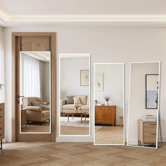 Antok Over The Door Mirror Full Length, 49'' x 14''Wall Mounted Hanging Mirror, Aluminum Alloy Frame, Shatterproof Glass, No Drill Installation for Bedroom, Closet, Bathroom, Dorm, Rect Corner,White