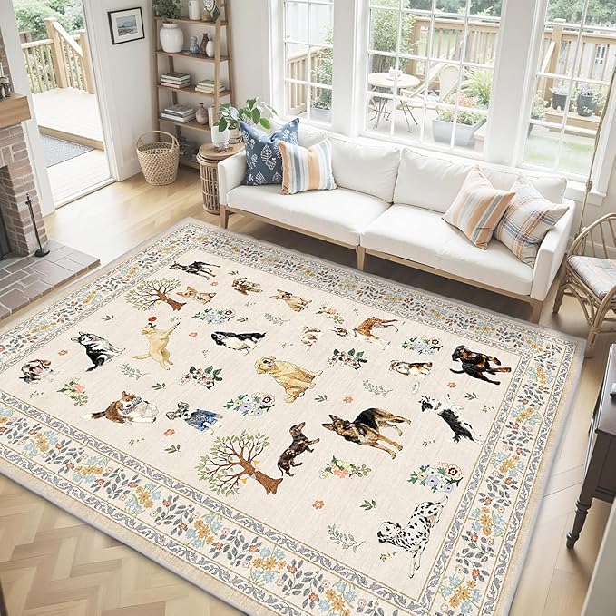 Dog Area Rugs Beige, 5x7 Rug for Bedroom Ultra-Thin Soft, Non-Slip Washable Rugs Stain Resistant Boho Rug Low-Pile Throw Rug for Dining Room Office (5 x 7, Beige)
