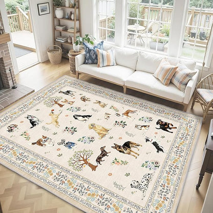 Dog Area Rugs Beige, 5x7 Rug for Bedroom Ultra-Thin Soft, Non-Slip Washable Rugs Stain Resistant Boho Rug Low-Pile Throw Rug for Dining Room Office (5 x 7, Beige)