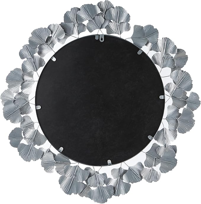 Martha Stewart Wall Décor Large Gingko Leaf Round Wall Mirror for Living Room, Iron Metal Plate Frame Antique Finish, Ready to Hang Bedroom Decoration, Eden, 30.5", Silver
