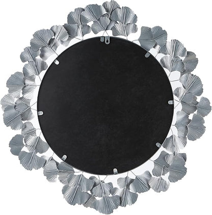 Martha Stewart Wall Décor Large Gingko Leaf Round Wall Mirror for Living Room, Iron Metal Plate Frame Antique Finish, Ready to Hang Bedroom Decoration, Eden, 30.5", Silver
