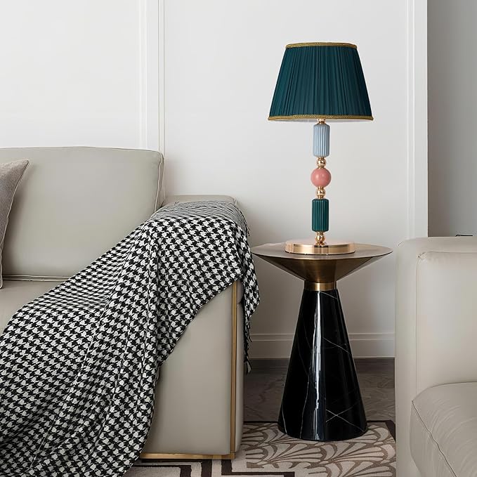 Green Fabric Shade Table Lamp Modern Metal Desk Lamp with Plug Cord Switch for Bedroom Bedside