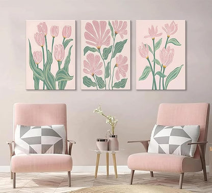 3 Pcs Pink Tulips Flowers Canvas Wall Art Boho Pink and Green Abstract Floral Botanical Paintings Pictures Wall Decor Poster Print Artwork for Living Room Bedroom Home Decoration