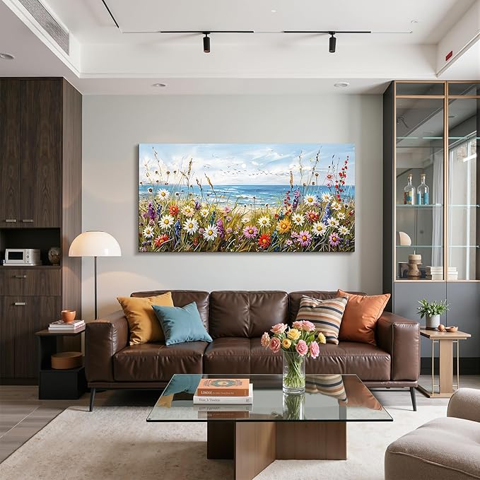 SERIMINO Oversized Wall Art, Flower Wall Art, Coastal Wall Decor, Beach Daisy Canvas Art Prints, Nature Landscape Large Painting, Floral Pictures for Living Room Dining Room Modern Farmhouse 29"x57"