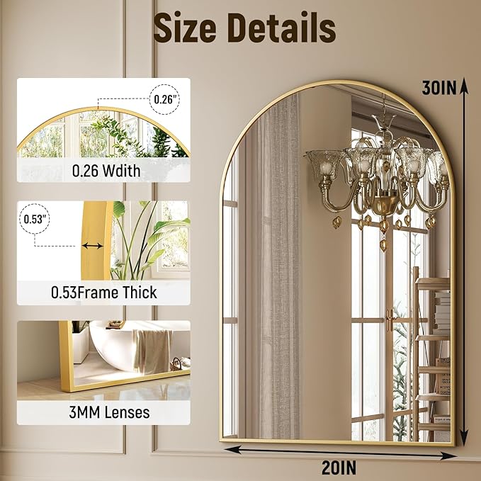 GLSLAND 20x30 inch Arch Bathroom Mirror - Arched Bathroom Mirror/Wall Mounted Vanity Mirror - Arch Metal Frame Wall Mirror for Bathroom Bedroom Living Room, Gold