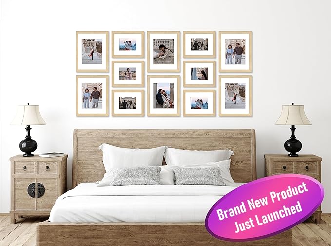 VELISTA 12 Piece Large Rectangle Gallery Wall Frame Set - Rustic Photo Frame Set with Mat 8x10/11x14" - Picture Frame Set for Wall Collage made of Composite Wood – Farmhouse Assorted Picture Frames(Oak)
