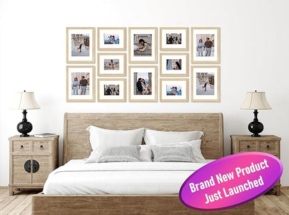 VELISTA 12 Piece Large Rectangle Gallery Wall Frame Set - Rustic Photo Frame Set with Mat 8x10/11x14" - Picture Frame Set for Wall Collage made of Composite Wood – Farmhouse Assorted Picture Frames(Oak)