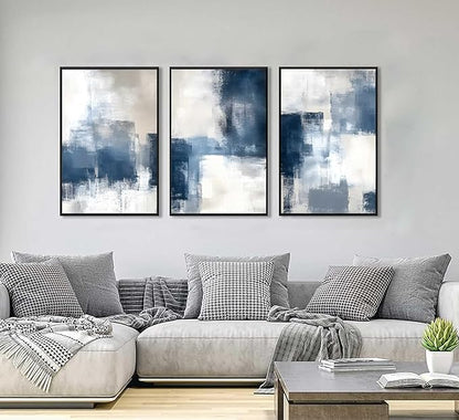 3 Pcs Framed Navy Blue Abstract Canvas Wall Art Modern Minimalist Neutral Blue and Grey Paintings Pictures Wall Decor Poster Print Artwork for Living Room Bedroom Office Home Decoration