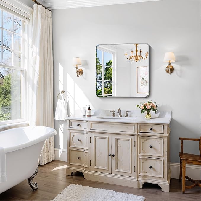 CILIBER Beveled Mirror, 24x24 Square Bathroom Mirror Rounded Corner, 3mm Tempered Glass, 18 inch Frameless Vanity Mirror with Beveled Edge for Bathroom, Bedroom, Living Room and Entryway