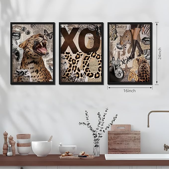 Framed Trendy Leopard Roar Canvas Wall Art Srt of 3, Fashion Stylish Cheetah Prints, Trendy Boots Poster, Aesthetic Fashion Wall Decor for Living Room Bedroom – Black Wooden Frame 16x24in