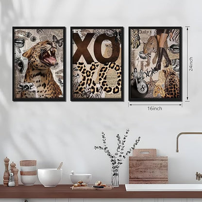 Framed Trendy Leopard Roar Canvas Wall Art Srt of 3, Fashion Stylish Cheetah Prints, Trendy Boots Poster, Aesthetic Fashion Wall Decor for Living Room Bedroom – Black Wooden Frame 16x24in